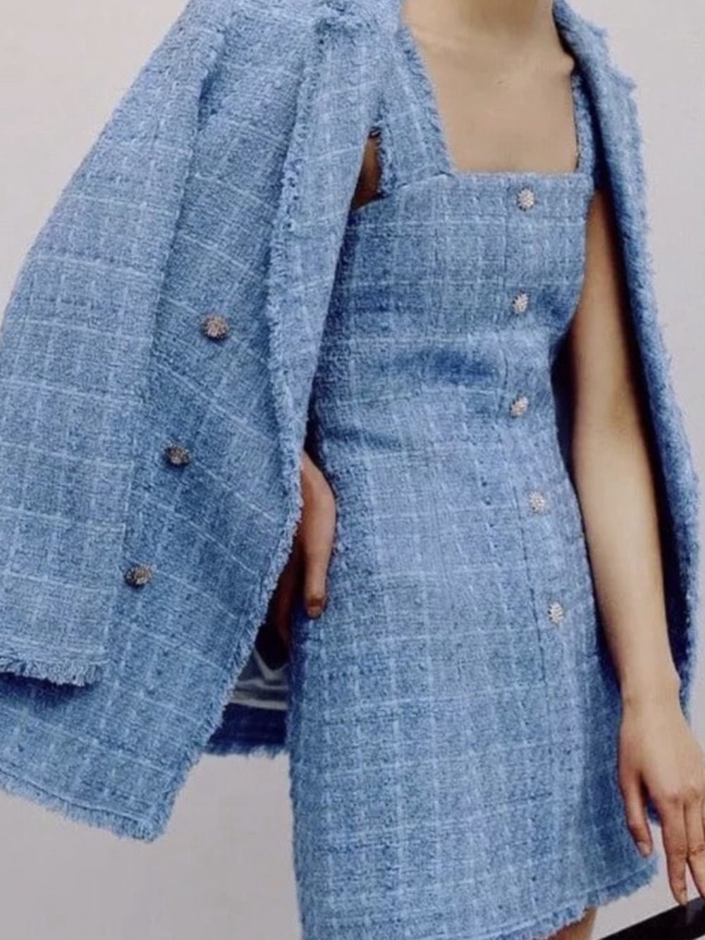 Zara Powder Blue Tweed Double-Breasted Blazer w Crystal Buttons - Size Small